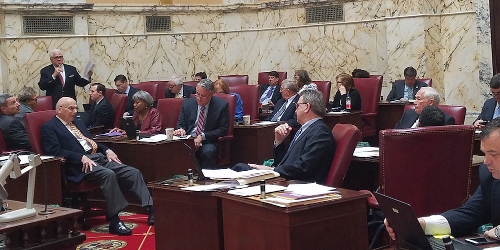 Maryland Senate President Thomas V. Mike Miller Jr. (standing) speaks to colleagues on the Senate floor on April 6. (William J. Ford/The Washington Informer)