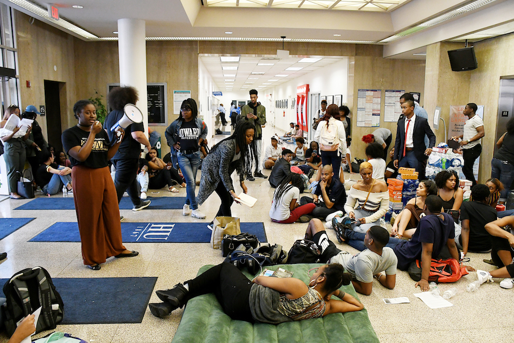 Howard University students occupy the Mordecai Wyatt Johnson Administrative Building on the university's northwest D.C. campus, demanding the immediate resignation of President Wayne A.I. Frederick. (Roy Lewis/The Washington Informer)