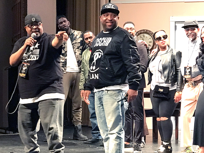 Vernon Williams III (left) and Lovail Long greet the audience after a performance of "What a Man Won't Do" at the Lincoln Theatre on March 31. (Shevry Lassiter/The Washington Informer)