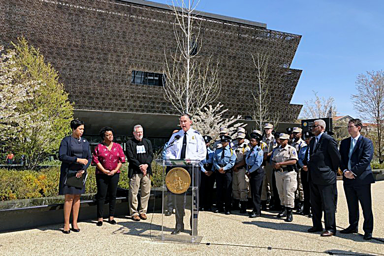 D.C. Mayor Muriel Bowser (left) and Police Chief Newsham announce a mandatory class for Metropolitan Police Department employees on race theory in partnership with the University of the District of Columbia on April 13. (Courtesy of MPD)