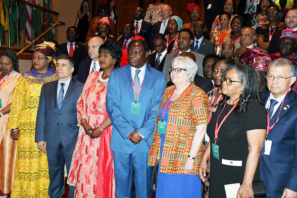 African ambassadors and members of the African diplomatic corps pose for a group photo on the steps of the Marriott Wardman Park hotel ballroom in northwest D.C. before joining guests at the Africa Day Gala on May 24. (Roy Lewis/The Washington Informer)