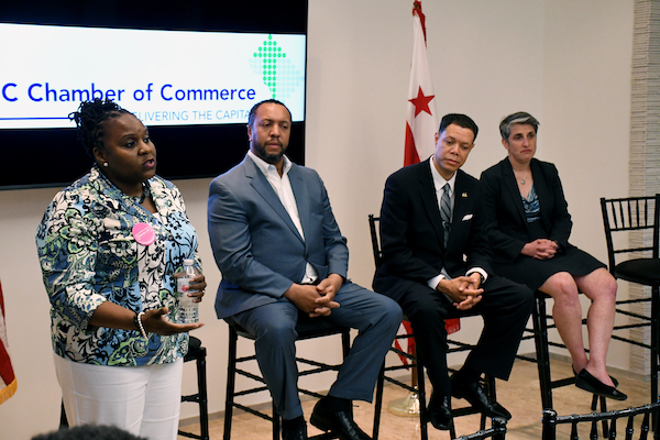 Dionne Bussey-Reeder, candidate for an at-large D.C. Council seat, speaks during a May 2 candidates' forum at the D.C. Chamber of Commerce in Northwest. (Roy Lewis/The Washington Informer)
