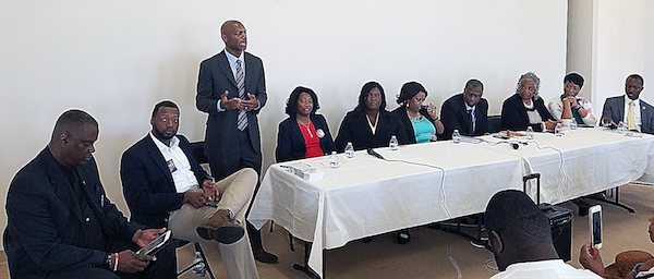 Delegate Erek Barron introduces himself during a May 12 candidates' forum hosted by the Balk Hill Village Homeowners Association. (William J. Ford/The Washington Informer)  