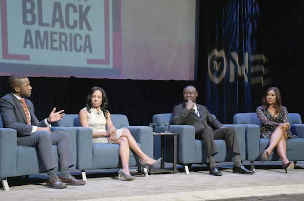 TV One and the National Urban League joined forces to host a televised town hall taping on May 8 that will air July 29, on "The State of Black America." Panelists who weighed in on health care and voting/civic engagement in the second of two discussions include (from left) Shermichael Singleton, political strategist; Linda Goler Blount, president/CEO, Black Women's Health Initiative; Benjamin Crump, civil rights attorney; and Angela Yee, radio personality. (Roy Lewis/The Washington Informer)