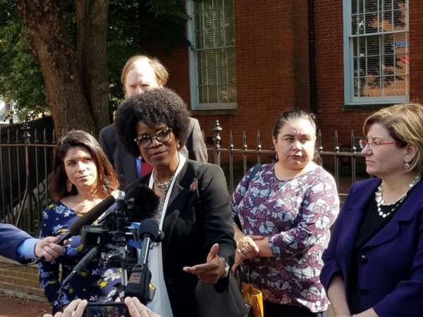 Maryland Democratic gubernatorial hopeful Valerie Ervin speaks with reporters outside the Anne Arundel County Courthouse in Annapolis on June 4 after a judge denied her request to reprint primary election ballots to add her and running mate Marisol Johnson as candidates. (William J. Ford/The Washington Informer)
