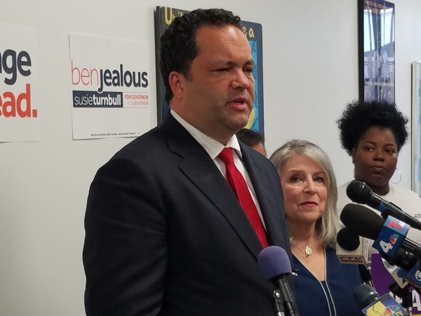 Maryland Democratic gubernatorial nominee Ben Jealous speaks during a press conference in Baltimore on June 27, one day after securing the nomination. To his left is running mate Susan Turnbull. (William J. Ford/The Washington Informer)