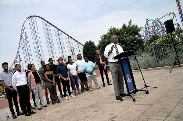 Prince George's County Executive Rushern L. Baker III speaks about the county's summer Youth at Work program at Six Flags America in Upper Marlboro on June 8. (Mike Yourishin/County Executive's Office)