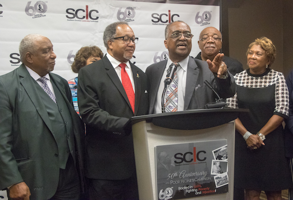 From left: Southern Christian Leadership Conference (SCLC) Chair Bernard Lafayette Jr., National Newspaper Publishers Association President and CEO Benjamin Chavis, SCLC President and CEO Charles Steele Jr., Rev. Charles McCollum and Cathelean Steele hold a press conference for the Southern Christian Leadership Conference's 60th annual convention, held July 12-15 at the Renaissance Hotel in D.C. (Shevry Lassiter/The Washington Informer)