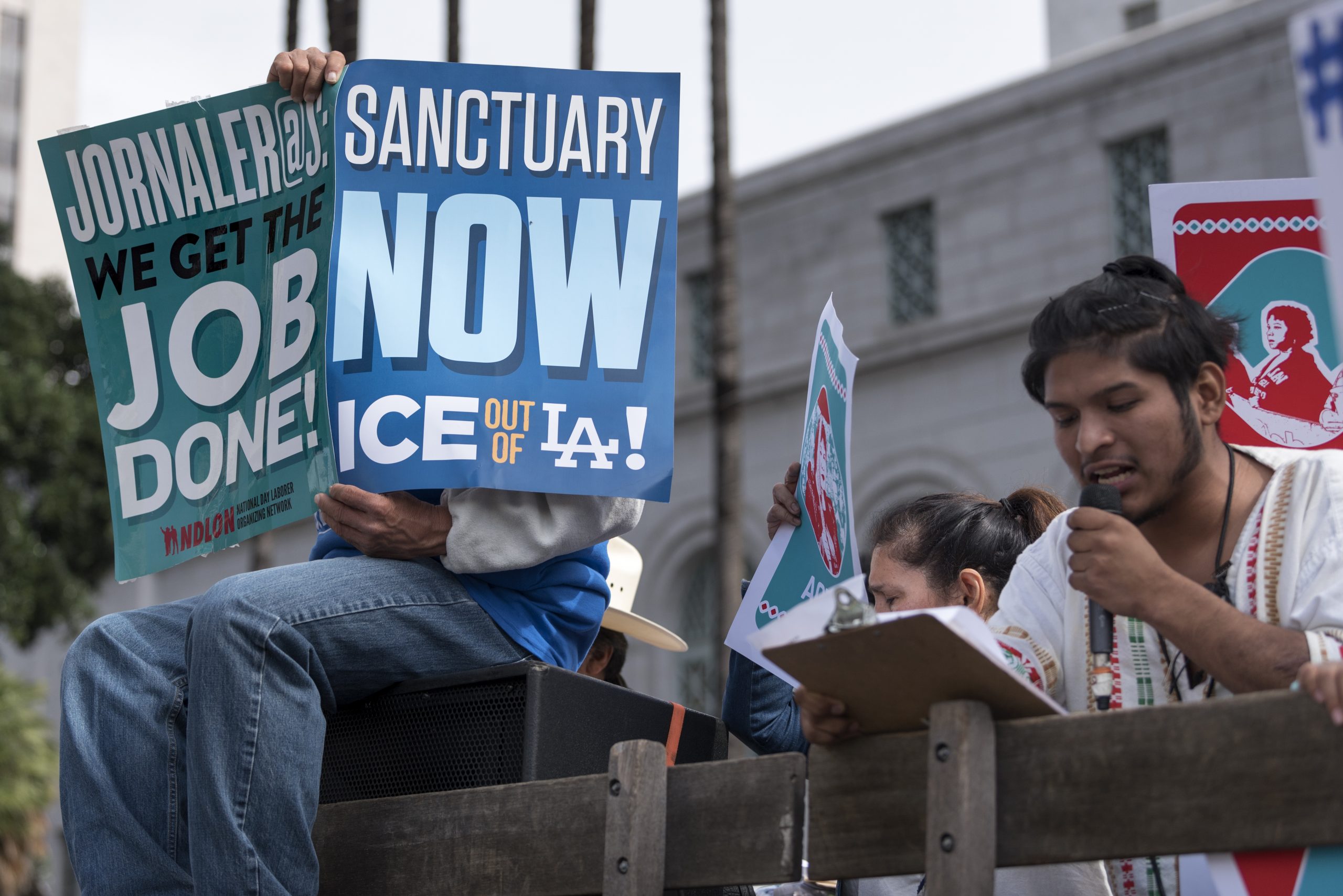 Protesters at a pro-immigration rally where organizers called for a stop to the Immigration and Customs Enforcement (ICE) raids and deportations of illegal immigrants and to officially establish Los Angeles as a sanctuary city. Los Angeles, California February 18, 2017. (Photo by Ronen Tivony/NurPhoto via Getty Images)