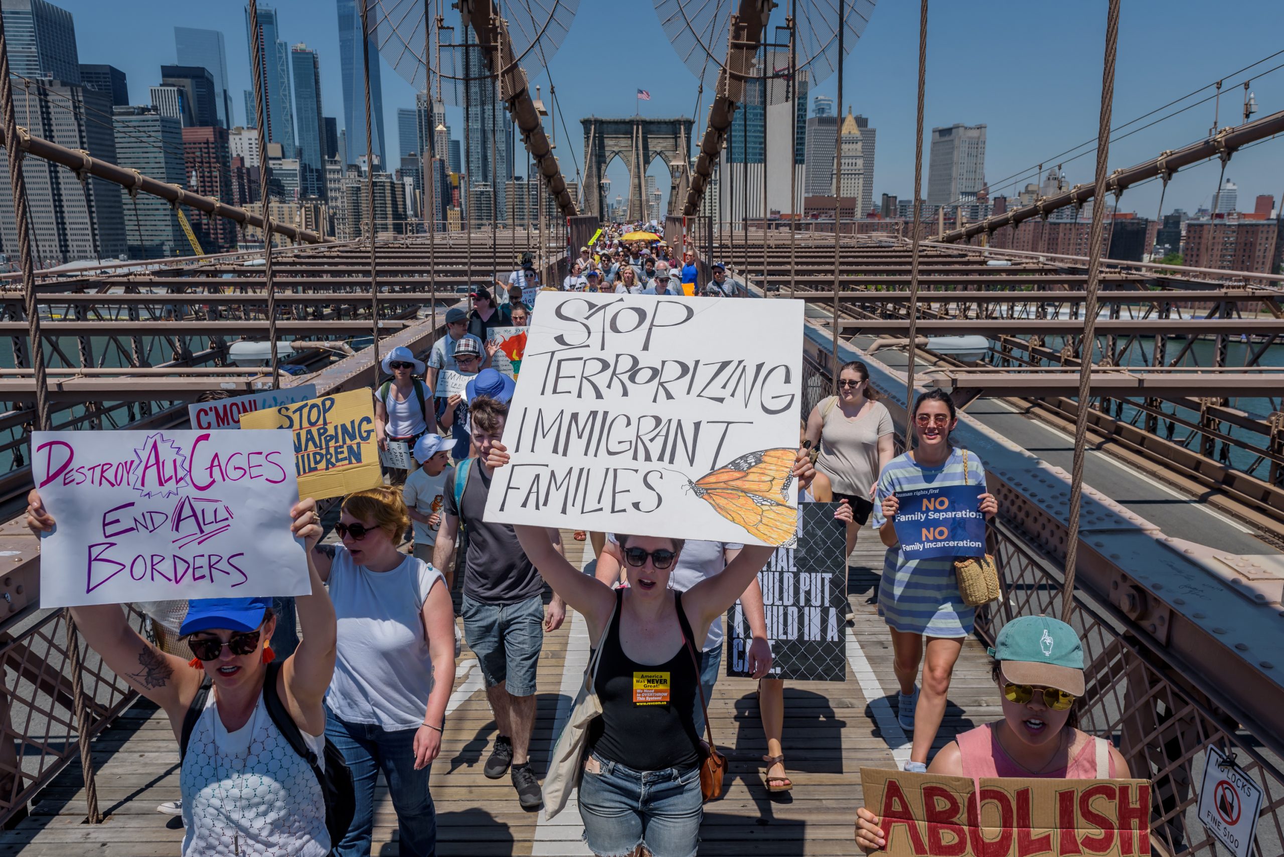About 15,000 New Yorkers marched in support of immigrant families and to condemn the Trump administration's zero-tolerance policies on June 30, 2018. The Protect Families March and Rally, organized by dozens of advocacy groups, legal and immigrants rights organizations, trade unions, and concerned citizens, set off from Foley Square and marched across the Brooklyn Bridge to gather for a rally and speaking program in Cadman Plaza. (Photo by Erik McGregor/Pacific Press/LightRocket via Getty Images)