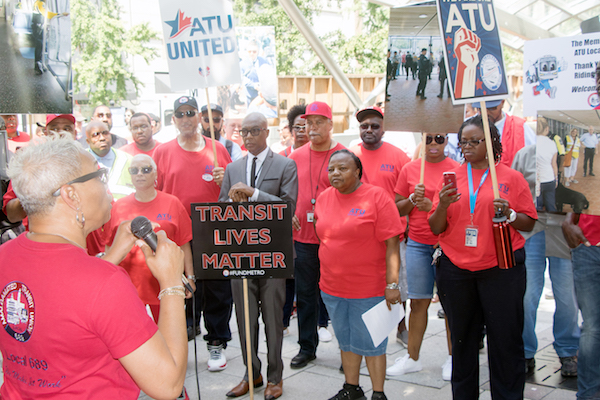 Amalgamated Transit Union Local 689 President Jackie Jeter rallies union workers gathered at Metro Center in northwest D.C. on Aug. 16 to protest the actions of Washington Area Metro Transit Authority days earlier when White nationalists rallied in the city. (Shevry Lassiter/The Washington Informer)
