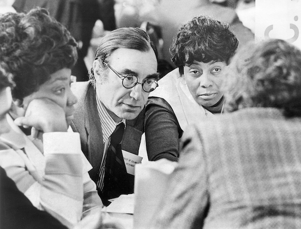 From left: Lillian Huff, John Hechinger and Barbara Morgan in the huddle from the District of Columbia at the open session meeting of the National Democratic Committee at the Washington Hilton hotel on Dec. 9, 1972. (Photo by Charles Del Vecchio/The Washington Post/Getty Images)