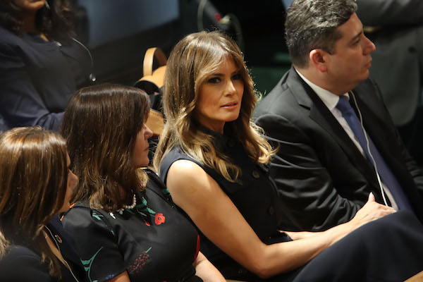 Melania Trump, wife of Donald Trump, watches as President Trump prepares to address the 73rd United Nations (U.N.) General Assembly on September 25, 2018 in New York City. The United Nations General Assembly, or UNGA, is expected to attract 84 heads of state and 44 heads of government in New York City for a week of speeches, talks and high level diplomacy concerning global issues. New York City is under tight security for the annual event with dozens of road closures and thousands of security officers patrolling city streets and waterways. (Photo by Spencer Platt/Getty Images)