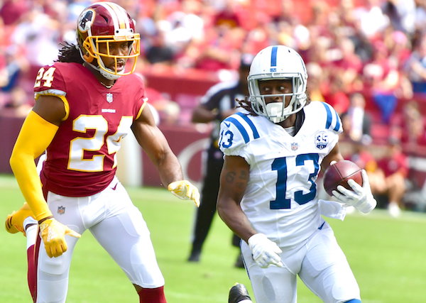 Indianapolis Colts wide receiver T.Y. Hilton outruns Washington Redskins cornerback Josh Norman during the Colts' 21-9 win at FedEx Field in Landover, Md., on Sept. 19. (John E. De Freitas/The Washington Informer)