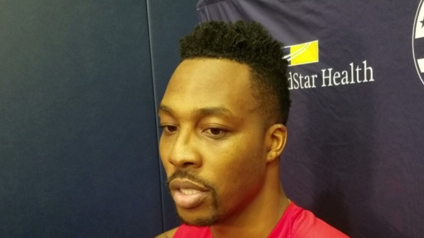 Washington Wizards center Dwight Howard speaks with reporters after his first practice Oct. 15 at the D.C. Entertainment and Sports Arena. (William J. Ford/The Washington Informer)