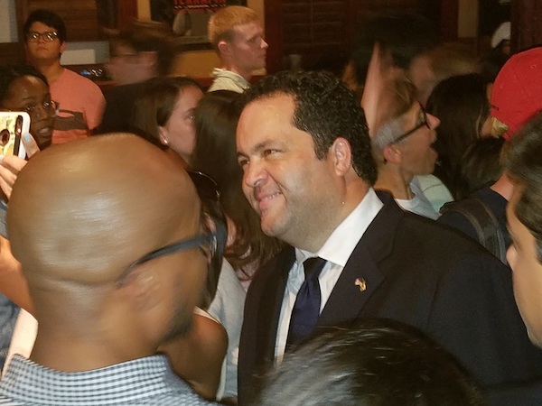 Maryland Democratic gubernatorial nominee Ben Jealous takes selfies with supporters at the Cornerstone Grill and Loft in College Park during an Oct. 10 campaign rally. (William J. Ford/The Washington Informer)