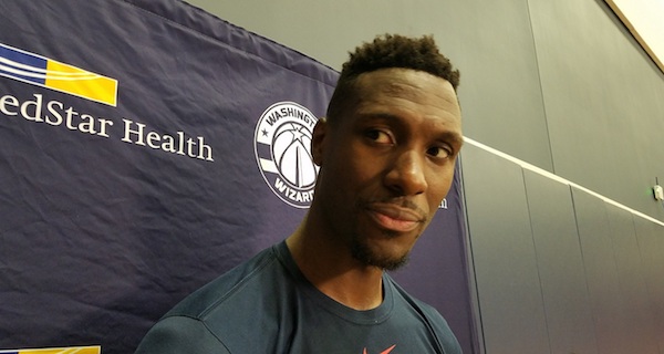 Washington Wizards center Ian Mahinmi speaks with reporters after practice at Entertainment and Sports Arena in southeast D.C. on Oct. 19. (William J. Ford/The Washington Informer)