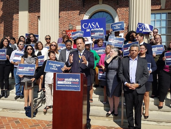 Maryland Democratic gubernatorial candidate Ben Jealous (at podium) stands with Latino leaders and other supporters outside CASA de Maryland's Multicultural Center in Langley Park during an Oct. 1 campaign rally. (William J. Ford/The Washington Informer)