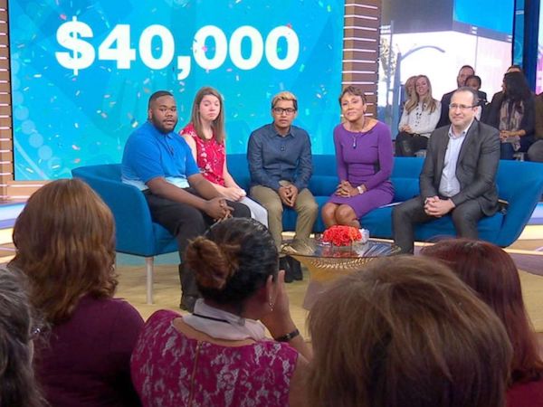 From left: Students Matthew Blue, Autumn Loss and Edson Leyva were surprised Oct. 18 with $40,000 College Board Opportunity Scholarships on "Good Morning America." (Courtesy of GMA/Collegeboard.org)