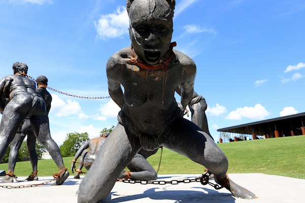 Kwame Akoto-Bamfo's "Nkyinkim" sculpture, dedicated to the memory of the victims of the Transatlantic slave trade, is displayed at The National Memorial For Peace And Justice in Montgomery, Alabama, on July 6, 2018. (Photo By Raymond Boyd/Getty Images)