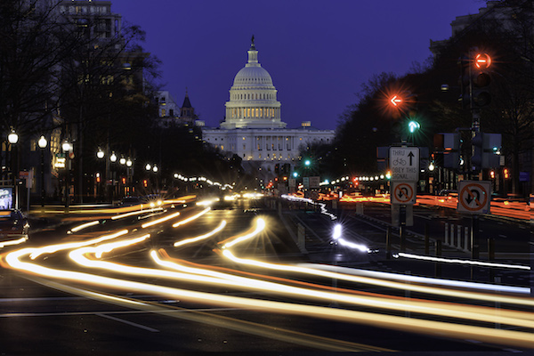 Pennsylvania Ave to US Capitol with Streaked lights going towards US Capitol in Washington DC. during rush hour PM. (Photo by: Visions of America/UIG via Getty Images)