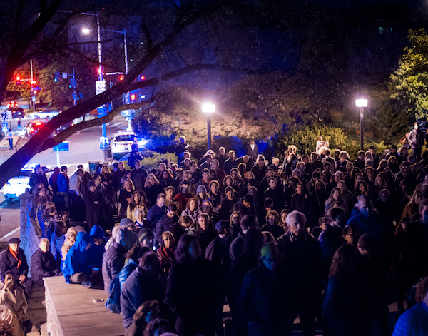 Hundreds of people gather outside of the Adas Israel Congregation in D.C. to honor the 11 victims of the Oct. 27 mass shooting at a Pittsburgh synagogue. (Michael A. McCoy/The Washington Informer)