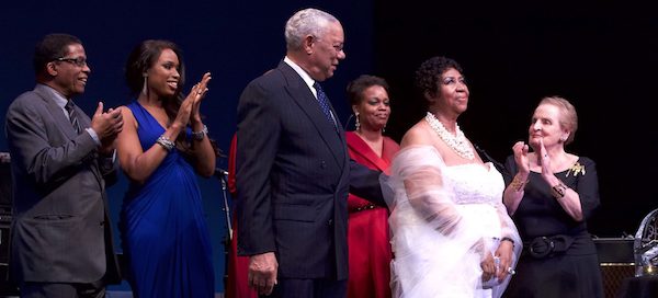 The late music icon Aretha Franklin receives the Institute’s Maria Fisher Founder’s Award in 2011 at the Kennedy Center with (from left) Institute Chairman Herbie Hancock, Jennifer Hudson, Colin Powell, Dianne Reeves and Madeleine Albright. (Photo by Steve Mundinger and the Institute)