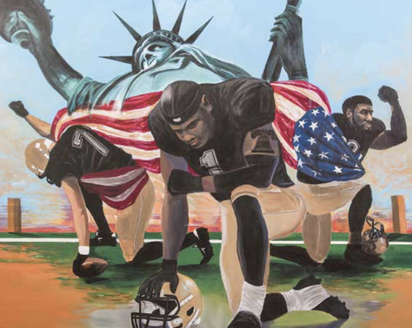 OneUnited Bank, America's largest Black-owned bank, is "Taking a Knee" for social justice to underscore its commitment to the issue in a partnership with the ACLU and the BMe Community. The initiative includes the commissioning of a painting (pictured), "Last Man Standing," by acclaimed artist Addonis Parker. The effort confirms their support of the controversial "Take a Knee Movement" and continues an eight-week campaign during which the bank will donate to related charities for every account opened now until year's end. (Artwork illustration courtesy of OneUnited Bank)