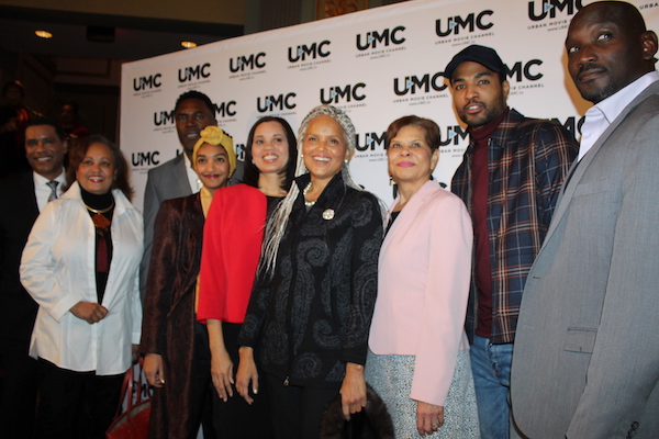 Actors from the miniseries "Jacqueline and Jilly" with Congressman Bobby Scott. (From left): Tracey B. Wilson, Lamont Easter, Ginger Clark, Charmin Lee, Rep. Bobby Scott (D-Va.), Victoria Rowell, Daphne Maxwell Reid, Richard Brooks, Christen Roberts, J. Shawn Durham and Shannon Wallace at the Lincoln Theatre for the premiere of the production about opioid addiction epidemic on Dec. 10, 2018 in which they all star. (Brigette Squire/The Washington Informer)