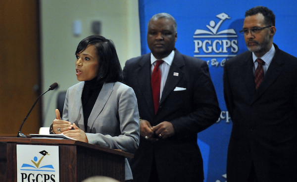 **FILE** Prince Georges County States Attorney Angela Alsobrooks speaking at the child sex abuse case press conference at the Prince George's County Public School's Sasscer Administration Building on February 10, 2016 in Upper Marlboro, Md. Looking on were Prince Georges County Executive Rushern L. Baker, III and Prince Georges County Board of Education Chairman Dr. Segun Eubanks.(Photo by Mark Gail/for The Washington Post via Getty Images)