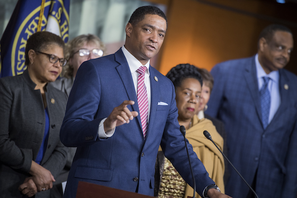 **FILE** Rep. Cedric Richmond, D-La., Congressional Black Caucus chairman, conducts a news conference in the Capitol Visitor Center to discuss a resolution to censure President Trump for derogatory comments about African nations and Haiti on January 18, 2018. Also appearing are, from left, Reps. Karen Bass, D-Calif., Zoe Lofgren, D-Calif., Sheila Jackson Lee, D-Texas, Eddie Bernice Johnson, D-Texas, and Al Lawson, D-Fla. (Photo By Tom Williams/CQ Roll Call)