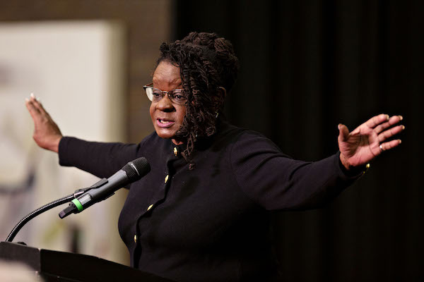 **FILE** Rep. Gwen Moore, a Democrat from Wisconsin, speaks during a campaign rally for Democratic candidates in Milwaukee on Oct. 22, 2018. (Daniel Acker/Bloomberg via Getty Images)