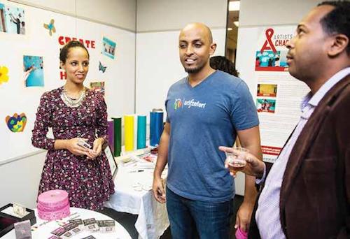 **FILE** From left: French scholar Rebecca Gebreyes and Arisoft co-founder Beakal Tekola, developers of the ArifZefen Ethiopian music app, and urban planner Dan Reed (Courtesy of Artists for Charity)