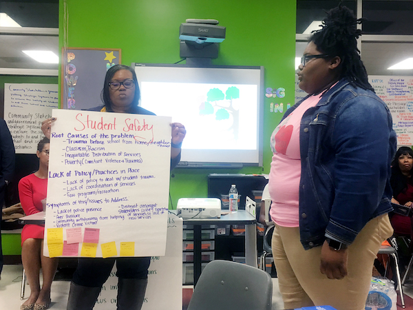 Tatiana Robinson (right), a senior at Ballou Senior High School and State Board of Education student representative, presents her group's findings at a Safe Passage and student safety roundtable at the FBR Boys & Girls Club at THEARC in Southeast on Jan. 8. (Sam P.K. Collins/The Washington Informer)