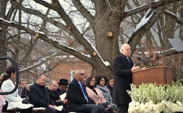 Maryland Gov. Larry Hogan addresses the crowd during his inauguration ceremonies in Annapolis on Jan. 16. (Brigette White/The Washington Informer)