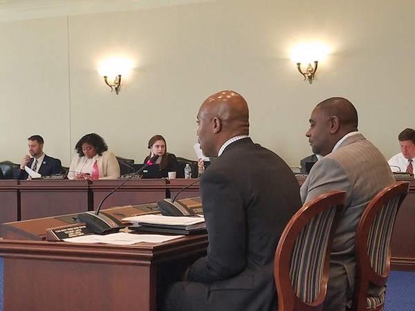 Maryland Delegates Erek Barron (left) and Darryl Barnes testify on a partial expungement bill for non-conviction offenses before the House of Delegates' Judiciary Committee in Annapolis on Jan. 22. Barron is the sponsor of the legislation. (William J. Ford/The Washington Informer)