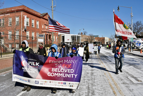 The 2019 Martin Luther King Peace Walk and Parade lead off, going south on Martin Luther King Avenue in Southeast with Mayor Muriel Bowser and a number of Council members bringing greetings. (Courtesy of Maurice Fitzgerald/WI Charities)