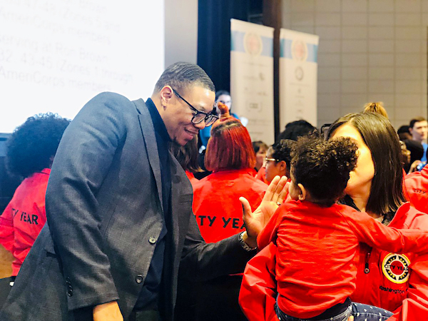 DCPS Chancellor Lewis Ferebee greets students in celebration of the annual MLK Day in D.C. (Courtesy of DCPS)