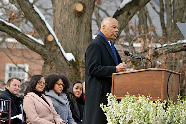 Maryland Lt. Gov. Boyd Rutherford addresses the crowd during his inauguration outside the State House in Annapolis on Jan. 16 as his wife, Monica, and their daughters, Lauren and Kristen, listen. (Brigette White/The Washington Informer)