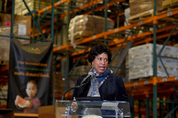 D.C. Mayor Muriel E. Bowser (D) announces her plan for emergency legislation to ease the burden on furloughed federal workers who have to report to work but who are not getting paid during a press conference at the Capital Area Food Bank January 22, 2019 in Washington, DC. Mayor Bowser announces emergency legislation, giving DC Government the ability to provide more federal employees with much-needed unemployment insurance benefits and she calls for an end to the federal government's partial shutdown. (Photo by Katherine Frey/The Washington Post via Getty Images)