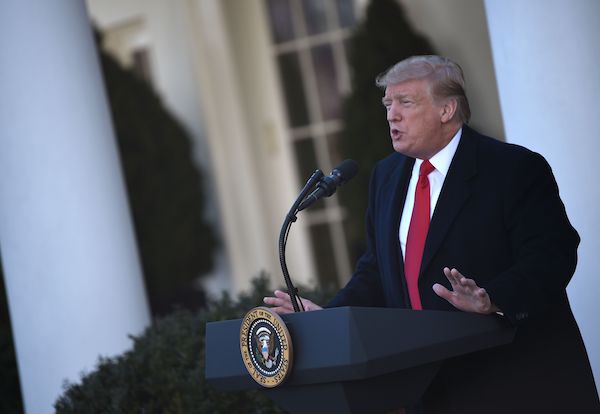 President Donald Trump speaks about the government shutdown on Jan. 25, 2019, from the Rose Garden of the White House in Washington, DC. Trump says he will sign bill to reopen the government until Feb. 15. (Brendan Smialowski/AFP/Getty Images)