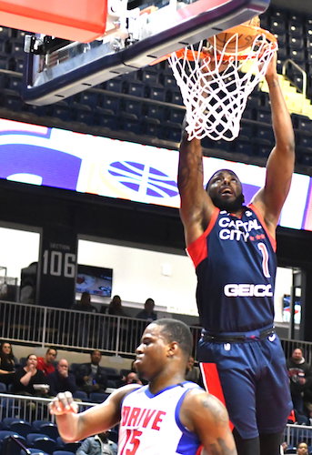 Capital City Go-Go guard Devin Sweetney attempts a dunk during a 115-111 loss to the Grand Rapids Drive at St. Elizabeths East Entertainment and Sports Arena in D.C. on Jan. 27. (John E. De Freitas/The Washington Informer)