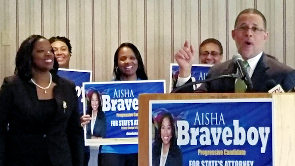 **FILE** Aisha Braveboy (left) receives an endorsement in May for Prince George's County state's attorney from Rep. Anthony Brown (D-Maryland). (William J. Ford/The Washington Informer)