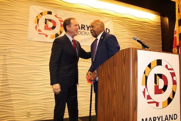 Rep. Adam Schiff (left) greets Rep. Elijah Cummings at the Maryland Democratic Party’s 20th annual legislative luncheon in Annapolis on Jan. 8. (Brigette White/The Washington Informer)
