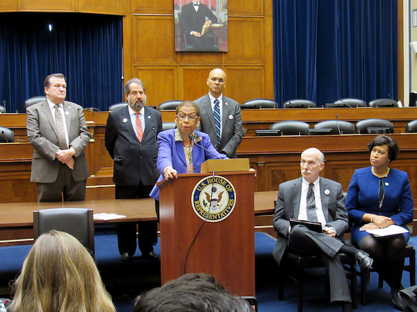 D.C. Delegate Eleanor Holmes Norton, Mayor Muriel Bowser and Council Chair Phil Mendelson take part in press conference at the Rayburn House Office Building where they talked about the city’s new report to push for D.C. statehood. (Hamil Harris/The Washington Informer)