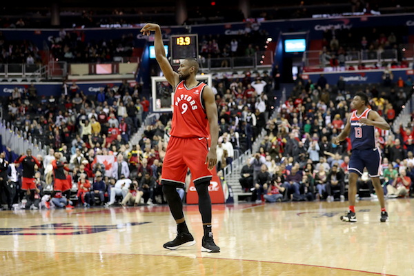 Toronto Raptors forward Serge Ibaka follows his game-winning 3-pointer in the Raptors' 140-138 double overtime victory over the Washington Wizards at Capital One Arena in Washington, D.C., on Jan. 13. (Photo by Rob Carr/Getty Images)
