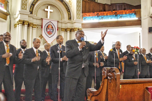 One of several local choirs sing hymns and spirituals during the African-American men’s gospel concert at Greater New Hope Baptist Church in northwest D.C. on Feb. 17. (Brigette Squire/The Washington Informer)