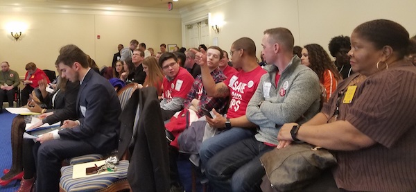 Dozens fill a hearing room in Annapolis to testify about proposed legislation to raise Maryland's minimum wage to $15 an hour on Feb. 8. (William J. Ford/The Washington Informer)