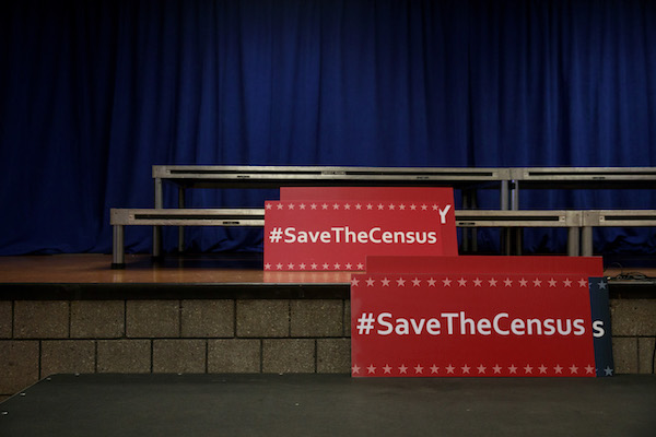 **FILE** Signs sit behind the podium before the start of a press conference with New York Attorney General Eric Schneiderman to announce a multi-state lawsuit to block the Trump administration from adding a question about citizenship to the 2020 Census form, at the headquarters of District Council 37, New York City's largest public employee union, April 3, 2018 in New York City. Critics of President Donald Trump's administration's decision to reinstate the citizenship question contend that that it will frighten people in immigrant communities from responding to the census. The Trump administration has stated a citizenship question on the census will help enforce voting rights. (Photo by Drew Angerer/Getty Images)