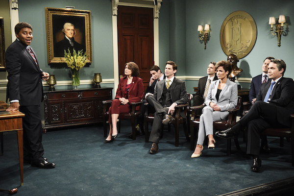 From left: Kenan Thompson, Cecily Strong, Pete Davidson, Mikey Day, Kyle Mooney, host Halsey, Alex Moffat, and Beck Bennett as Virginia state officials during the "State Meeting" sketch on "Saturday Night Live" on Feb. 9, 2019. (Will Heath/NBC/NBCU Photo Bank via Getty Images)